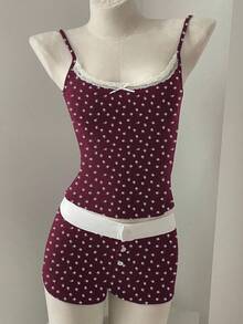 INAWLY 女式蕾丝边无袖全身印花背心 + 短裤套装，休闲夏季 - 酒紅色 - 查看 3