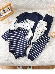 SHEIN 6pcs/Set Newborn Baby's Comfortable Casual Cute Patchwork Striped & Star Pattern Short Sleeve Bodysuit And Long Pants Set, Suitable For Indoor, Outdoor, Casual, Sports, Play, Party, Photography, Holiday, Baby Shower, Festivals, Etcetera - Spring/Summer - Multicolor - View 3