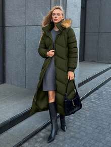 EURMUSE Gesteppter Kunstpelz Kapuzen Damen Daunenjacke, leuchtender Stoff, modisch und warm im Winter - Armeegrün - Übersicht 8