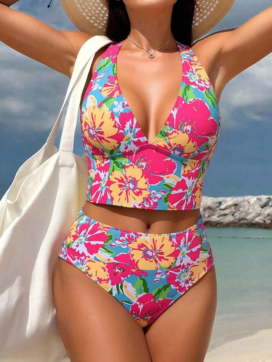 Swim Mod مجموعة بكيني بطبعة زهور استوائية 2 قطعة للمرأة