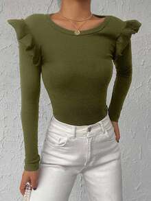 EURMUSE 95% Cotton Ribbed Knit Ruffle Trim Tee - Army Green - View 4