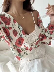 SHEIN Unity Áo len cardigan tay dài họa tiết hoa hồng, cổ chữ V, dễ thương, cổ điển, thích hợp cho kỳ nghỉ - Nhiều màu - Xem 7