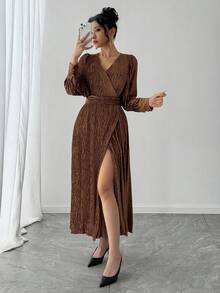 DAZY Brown Midi Dress With Flared Skirt, Fitted Waist, Shiny For Wedding, Party, Banquet, Suitable For Autumn, Spring & Summer - Brown - View 1