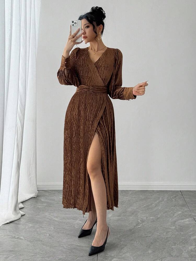 Brown Midi Dress With Flared Skirt, Fitted Waist, Shiny For Wedding, Party, Banquet, Suitable For Autumn, Spring & Summer