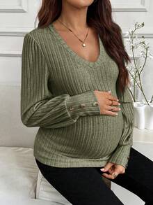 SHEIN Maternity Casual Solid Color Lantern Sleeve T-Shirt Green Long Sleeve Top Maternity Fall Olive Green Top - Army Green - View 6