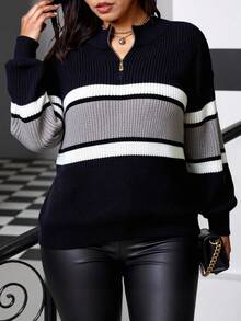 Vionelle Plus Size Color Block Striped Print Stand Collar Long Sleeve Sweater, For Winter Fall Cloth For Women