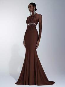 Elitara 优雅的手工褶皱纹理水钻装饰修身喇叭裙摆连衣裙，适合时尚盛会、正式晚宴、商务活动、舞会、鸡尾酒会、节日、宴会及其他女士正式场合。 - 咖啡棕 - 查看 5