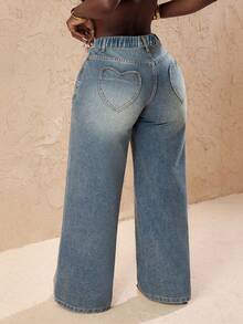 Slaydiva Plus Size Casual Washed Heart Pocket Wide Leg Jeans,Valentine's Day - Blue - View 2