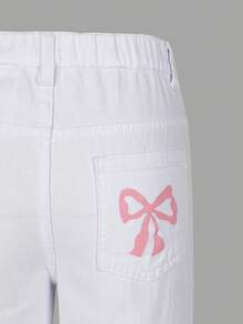 Sweetra Young Tween Girls Casual Fashion Light Blue Denim Color Butterfly Print Loose Wide Leg Relaxed Fit Comfortable Daily Versatile Washed Denim Pants Pink Bow Jeans Pants Y2k