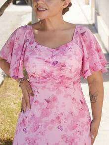 Lupita Cardoza Women's Chiffon Butterfly Print Batwing Sleeve Pleated Sweet French Summer Dress - Pink - View 6
