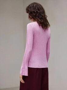 Ontre 2025 新款现代都市风格，浅粉色，羊毛混纺，圆领，长袖，修身，罗纹针织，女士毛衣，商务休闲，通勤，日常穿着，秋季 - 粉色 - 查看 6