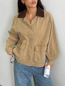 Elenzga Women's Casual Loose Fit Contrast Color Lapel Raglan Sleeve Denim Jacket, Autumn - Khaki - View 4