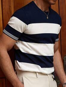 Manfinity Homme Men's Striped Knitted Casual Short Sleeved Round Neck Sweater, Suitable For Daily Commuting - Multicolor - View 4