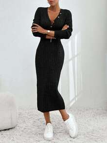EURMUSE V-ringning med knappar Midi tröjklänning Casual Elegant Enkel - Svart - Visa 2