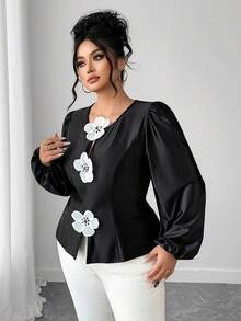 Elenzga Women's Elegant Casual 3D Floral Satin Long Sleeve Blouse