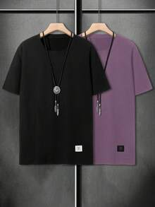 Manfinity Homme 2 piezas Camiseta de manga corta de cuello redondo casual de unicolor para hombre - Negro - View 2