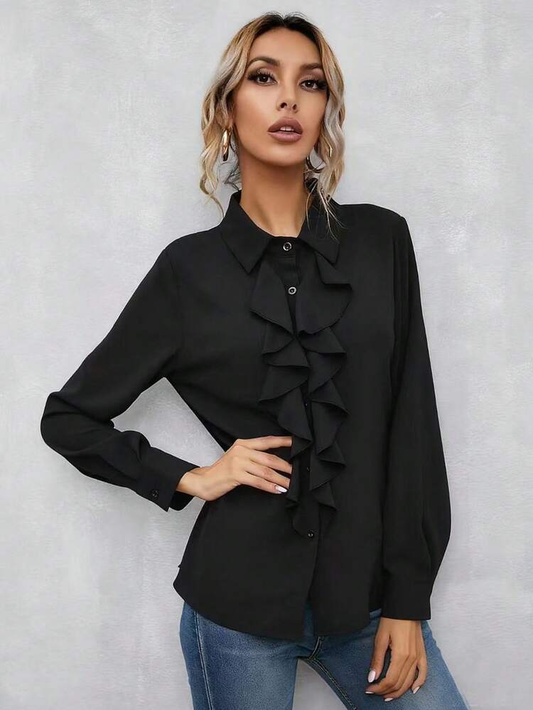 Ruffle Trim Button Up Shirt Fall Cloth For Women