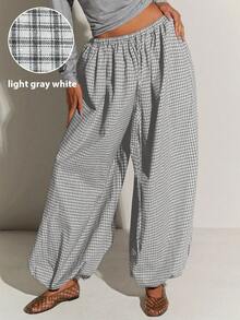 Athîral Women's Plaid Elastic Waist Loose Casual Balloon Pants, Summer