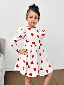 SHEIN Nova Glow Young Girl Valentine's Day Heart Print Round Neck Long Sleeve Casual Dress - Red and White - View 6