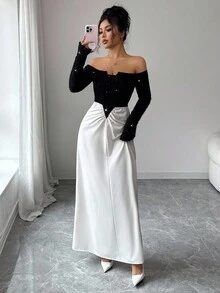 Rafferiza Women's Elegant White And Black Off-Shoulder Contrast Pleated Splicing Glittering Knitted Long Dress,Formal Autumn Luxury Evening Wedding Guest Gown - Black and White - View 5