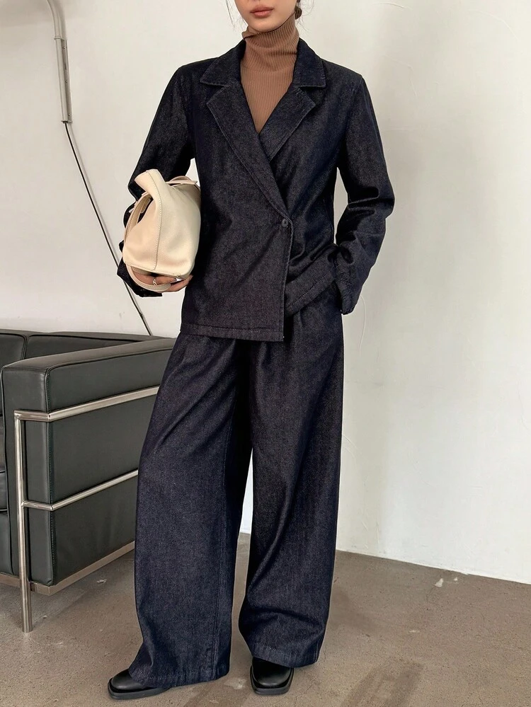 Women's Loose Denim Jacket With Collar And Straight-Leg Denim Pants Casual Denim Set