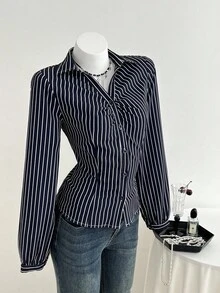 SHEIN Unity 女士休闲时尚通勤日常百搭海军蓝和白色条纹褶皱腰灯笼袖衬衫，秋冬 - 彩色 - 查看 4