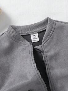 SHEIN Baby Jungen/Mädchen schwarze Baseball Jacke, lässige vielseitige Dekorationstasche, weiches Wildleder-Gewebe, Allround-Streetwear, bequem, einfach, geeignet für Ausflüge, Herbst