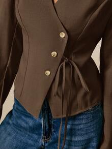 Poéselle 女士纯色长袖单排扣腰带休闲/工作衬衫，棕色上衣