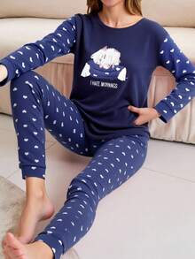 Letter & Cartoon Embroidery Flannel Pajamas Set - Navy Blue - View 1