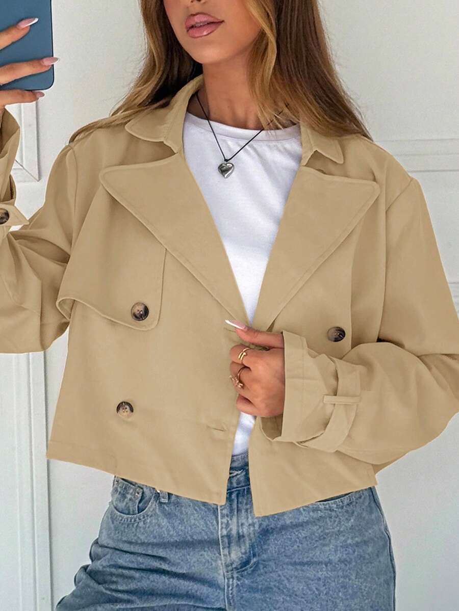 SHEIN EZwear Áo khoác thường ngày tay dài cài hai hàng khuy cổ ve trơn màu dành cho nữ, mùa thu - Lạc đà - Xem 1