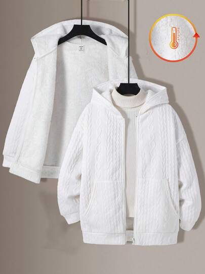 SHEIN 1 Piece Tween Boy Casual Sports College Simple Textured Fabric Grab Fleece Lining Hooded White Jacket Suitable For Kids Outfits Toddler Boy Clothes Back To School Boys Set Suitable For Birthday Parties, Evening Parties, Performances, Weddings, Baptisms, Opening Ceremonies Daily Suitable For Daily Use Suitable For School Suitable For Travel Suitable For Autumn And Winter Seasons Coats Y2k Goth Rave White Fall