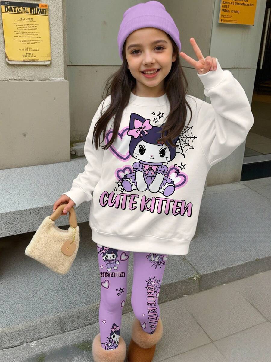 SHEIN 2 件套年轻女孩休闲可爱经典心形图案、娃娃图案印花圆领长袖运动衫和紧身裤，适合秋冬季 - 彩色 - 查看 1