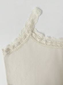 FavEase Apricot Knitted Fleece Ribbed Contrast Lace Trim U-Neck Fitted Camisole, Fashionable, Minimalist, Elegant, Cute, Comfortable For Home, Outdoor, Daily, Date, Versatile For Women In Autumn/Winter - Apricot - View 8