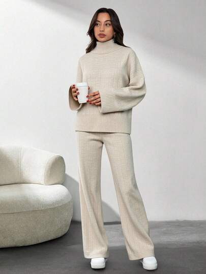 SHEIN Tall Solid Color Long-Sleeved Sweater And Knitted Trousers Two-Piece Set , 2 Piece Sweater Set