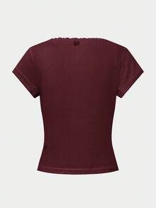 SHEIN PETITE Áo thun tay ngắn viền ren ngọt ngào PETITE, dáng ôm, 3 cúc, thường ngày, mùa hè - Đỏ - Xem 8