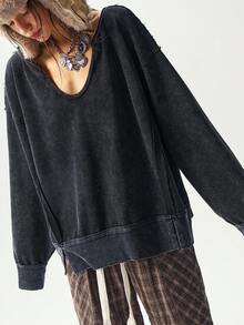 Bohemela Moletom Feminino Casual de Cor Sólida, Decote em V, Manga Longa, Caimento Solto, Roupas de Outono e Inverno para Mulheres - Preto - Visão 7