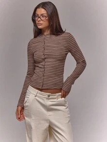 MUSERA Áo sơ mi dài tay cài cúc bất đối xứng cổ tròn kẻ sọc gân sọc phong cách mùa thu, kiểu dáng cổ điển, dễ thương, đồng quê, phong cách nhà tranh, thường ngày, thoải mái cho nữ, màu caramel, thanh lịch, mùa xuân hè, ngày lễ. - màu nâu - Xem 5