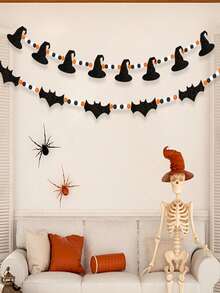 1/2pack Witch Halloween Garland, Felt Witch Decorations Halloween Wooden Beads Garland For Bedroom Haunted House Fireplace Wall Indoor Outdoor - Multicolor - Ver 7
