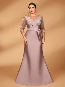 Serin Plus Size Autumn And Winter Elegant Gorgeous Luxury Lotus Pink Sequin Embroidery Stitching Satin Bow See-Through Long Sleeve Fishtail Skirt Suitable For Applique Design Suitable For Wedding Events Bachelorette Party Holiday Dance Dinner Bride Mother Evening Dress Guest Dress