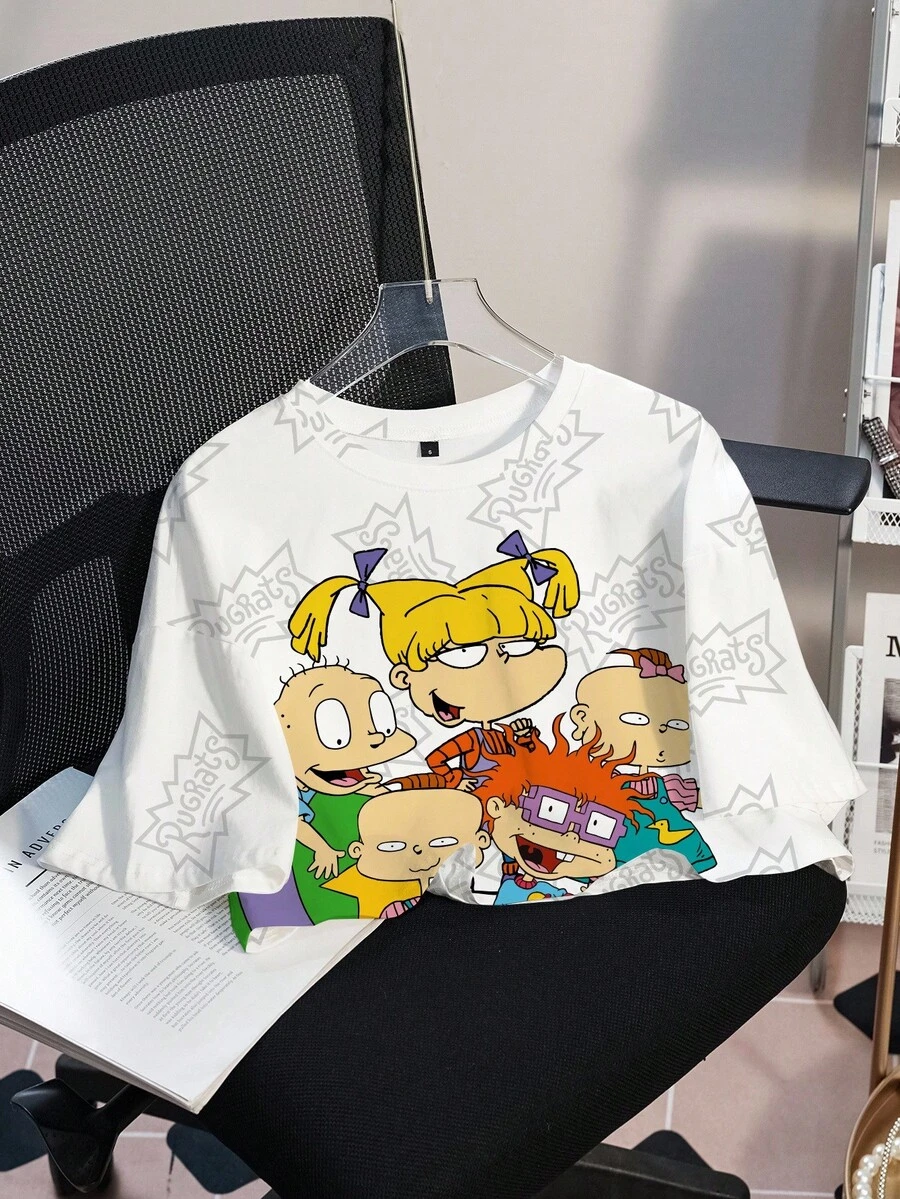 Nick 90s | SHEIN Women's Casual Cartoon Pattern Round Neck Short Sleeve Cropped T-Shirt, Summer - White - View 1