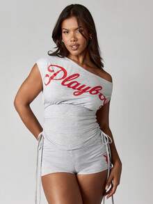 Missguided x Playboy Oversized Cotton Off Shoulder Asymmetric Ruched Cinched Waist Top With Lace Up Side Detail Contemporary Modern Fashion - Grey - View 3