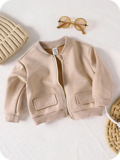 SHEIN Baby Boy/Girl Black Baseball Jacket, Casual Versatile Decor Pocket Soft Suede Fabric All-Match Streetwear Comfortable Minimalist Suitable For Outings, Autumn