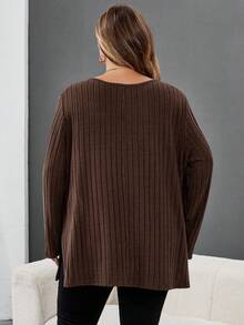 SHEIN CURVE+ Áo thun cổ chữ V viền gân màu xanh cỡ lớn, quần áo thu đông cho nữ, mùa đông, CONG CỠ LỚN/Mùa thu/Mùa đông - màu nâu - Xem 6