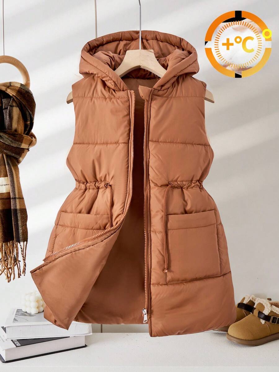 Sparklyn Tween Girl Extended Hooded Vest With Pockets And Zipper Fall Winter - Coffee Brown - View 1