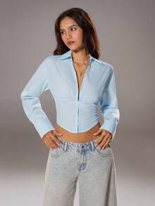 TRNVIE Blusa feminina azul claro com decote em V e botões, elegante para o trajeto diário e volta às aulas, manga comprida, outono