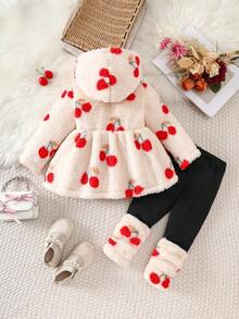 2 pièces/Set Nouveau Bébé Fille Hiver 2025 Cardigan à capuche zippé avec imprimé cerise en fausse fourrure et Top moelleux & Pantalon de couleur unie décontracté - Multicolore - Voir 2