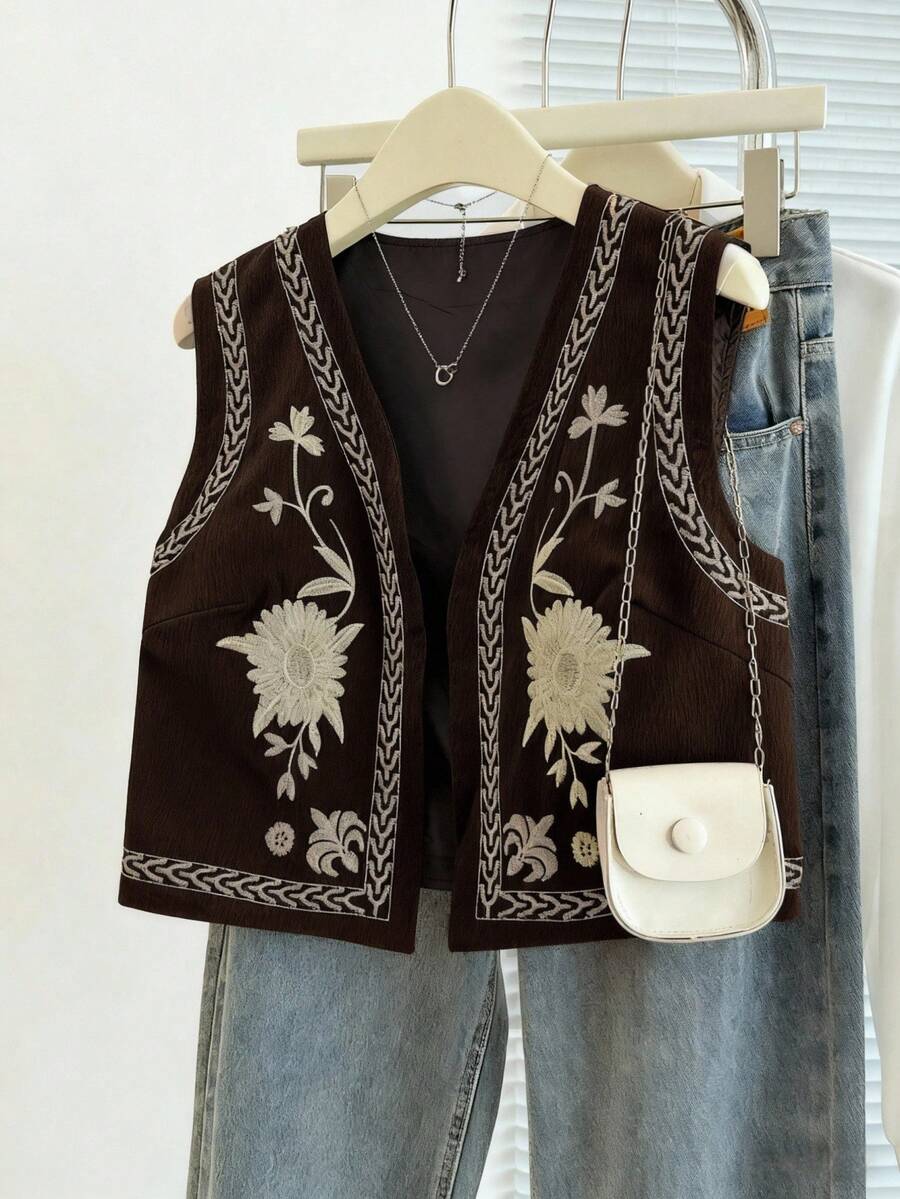 Franclia Women's Floral Embroidered Open Front Casual Vest Jacket - Chocolate Brown - View 1
