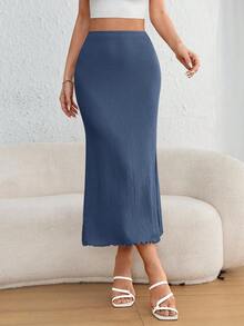 SHEIN PETITE CURVE Váy đuôi cá thanh lịch cạp cao viền bèo dành cho nữ cỡ lớn - Màu xanh bụi bặm - Xem 4