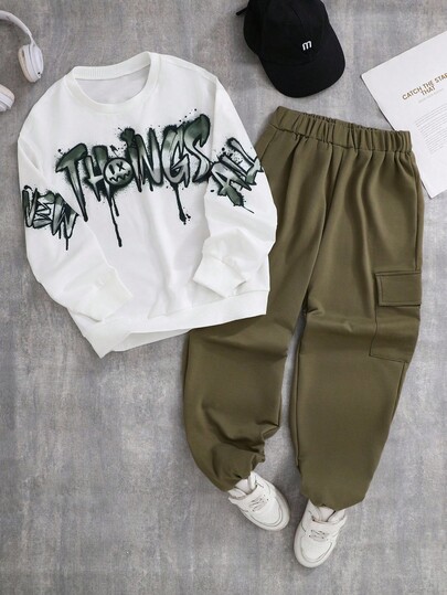 2pcs/Set Teenage Boys' Knitted Streetwear English Graffiti Digital Print Long Sleeve Hoodie & Cargo Pants, Casual Autumn/Winter Hiphop Street Style Outfit