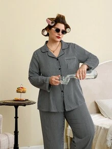 Doze Lane Bộ đồ ngủ áo sơ mi sọc Dream Adore kèm quần dài, cỡ lớn, trang phục thu đông, trang phục ấm áp - Đen và trắng - Xem 3
